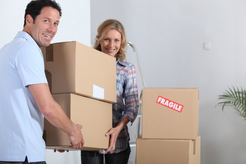 Local moving team handling furniture near Docklands buildings
